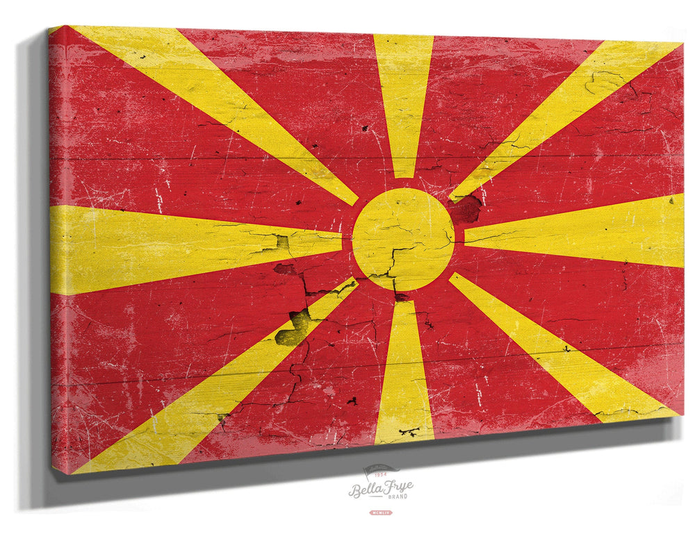Bella Frye Home & Garden > Decor > Artwork 24" x 18" / Stretched Canvas Wrap North Macedonia Flag Wall Art - Vintage North Macedonia Flag Sign Weathered Wood Style on Canvas
