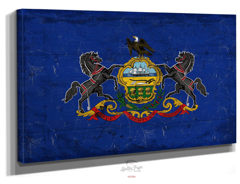 Bella Frye Home & Garden > Decor > Artwork 24" x 18" / Stretched Canvas Wrap Pennsylvania Flag Wall Art - Vintage State of Pennsylvania Sign