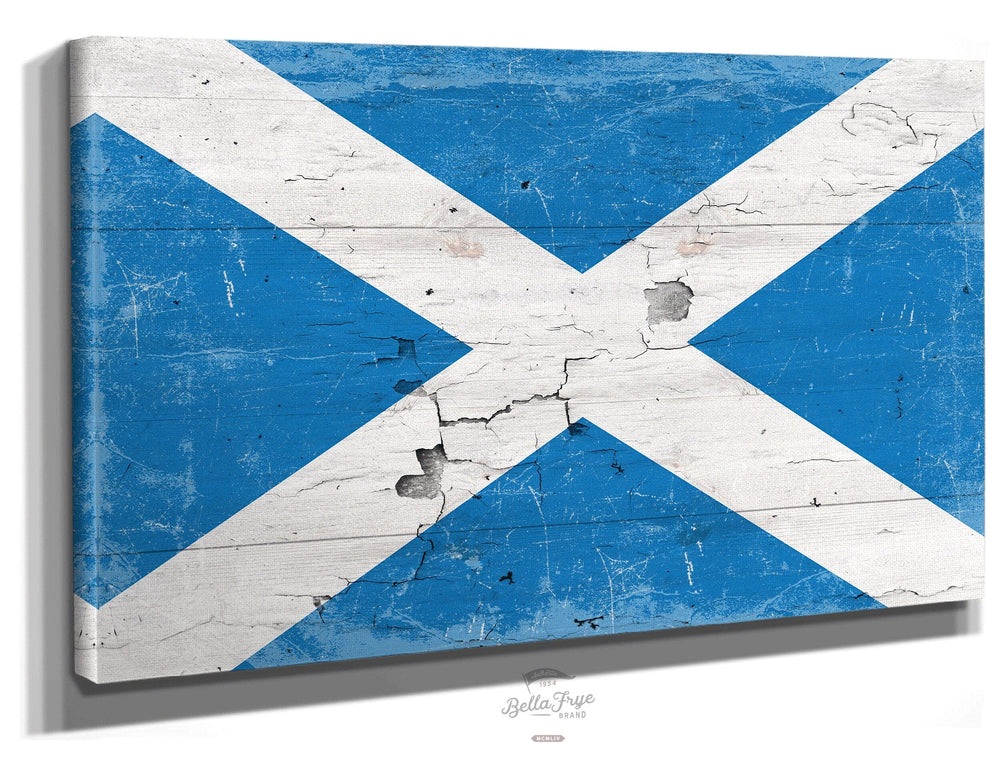 Bella Frye Home & Garden > Decor > Artwork 24" x 18" / Stretched Canvas Wrap Scotland Flag Wall Art - Vintage Scottish Flag Sign Weathered Wood Style on Canvas