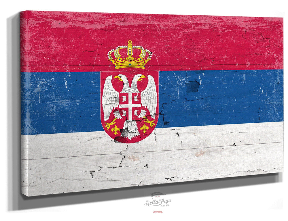 Bella Frye Home & Garden > Decor > Artwork 24" x 18" / Stretched Canvas Wrap Serbia Flag Wall Art - Vintage Serbia Flag Sign Weathered Wood Style on Canvas