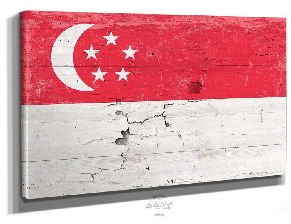Bella Frye Home & Garden > Decor > Artwork 24" x 18" / Stretched Canvas Wrap Singapore Flag Wall Art - Vintage Singaporean Flag Sign Weathered Wood Style on Canvas