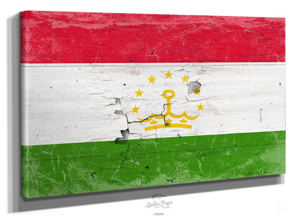 Bella Frye Home & Garden > Decor > Artwork 24" x 18" / Stretched Canvas Wrap Tajikistan Flag Wall Art - Vintage Tajikistan Flag Sign Weathered Wood Style on Canvas