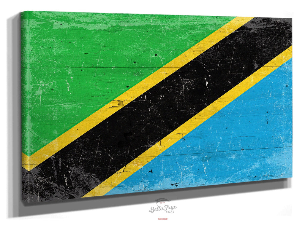 Bella Frye Home & Garden > Decor > Artwork 24" x 18" / Stretched Canvas Wrap Tanzania Flag Wall Art - Vintage Tanzania Flag Sign Weathered Wood Style on Canvas