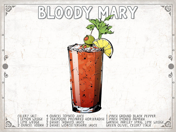 Bella Frye Home & Garden > Decor > Artwork 24" x 18" / Fine Art Paper Bloody Mary Cocktail Recipe Wall Art - Beverage Artwork