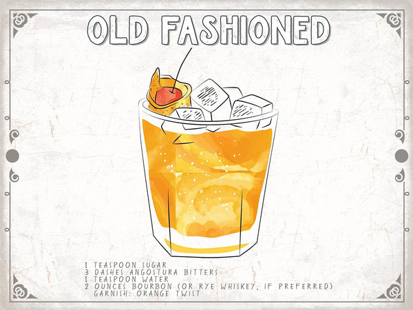 Bella Frye Home & Garden > Decor > Artwork 24" x 18" / Fine Art Paper Old Fashioned Cocktail Recipe Wall Art - Beverage Artwork