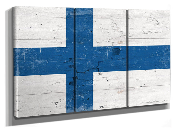 Bella Frye Home & Garden > Decor > Artwork 60" x 40" / 3 Panel Canvas Wrap Finland Flag Wall Art - Vintage Finland Flag Sign Weathered Wood Style on Canvas