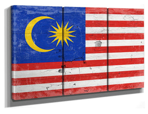 Bella Frye Home & Garden > Decor > Artwork 60" x 40" / 3 Panel Canvas Wrap Malaysia Flag Wall Art - Vintage Malaysia Flag Sign Weathered Wood Style on Canvas