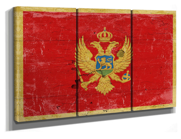 Bella Frye Home & Garden > Decor > Artwork 60" x 40" / 3 Panel Canvas Wrap Montenegro Flag Wall Art - Vintage Montenegro Flag Sign Weathered Wood Style on Canvas