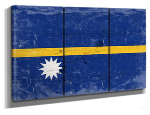 Bella Frye Home & Garden > Decor > Artwork 60" x 40" / 3 Panel Canvas Wrap Nauru Flag Wall Art - Vintage Nauru Flag Sign Weathered Wood Style on Canvas