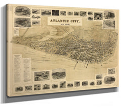 Bella Frye Home & Garden > Decor > Artwork Atlantic City, New Jersey Vintage Map Wall Art - Bird's Eye View City Canvas Art