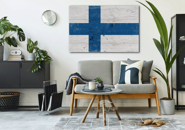 Bella Frye Home & Garden > Decor > Artwork Finland Flag Wall Art - Vintage Finland Flag Sign Weathered Wood Style on Canvas