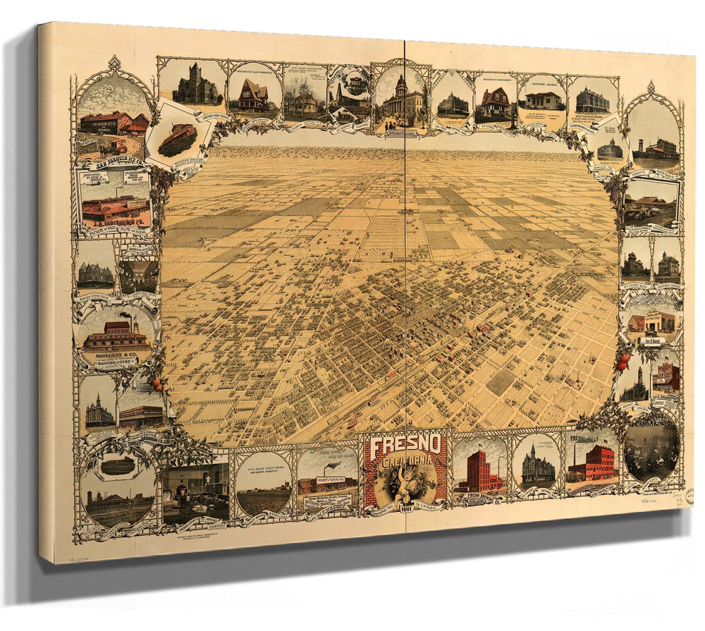 Bella Frye Home & Garden > Decor > Artwork Fresno California Vintage Map Wall Art - Bird's Eye View City Canvas Art