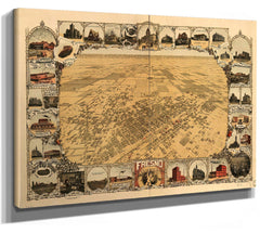 Bella Frye Home & Garden > Decor > Artwork Fresno California Vintage Map Wall Art - Bird's Eye View City Canvas Art