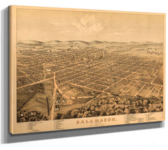 Bella Frye Home & Garden > Decor > Artwork Kalamazoo Michigan Vintage Map Wall Art - Bird's Eye View City Canvas Art