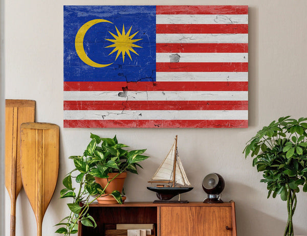 Bella Frye Home & Garden > Decor > Artwork Malaysia Flag Wall Art - Vintage Malaysia Flag Sign Weathered Wood Style on Canvas