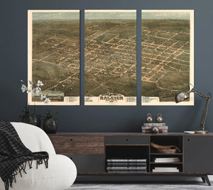 Bella Frye Home & Garden > Decor > Artwork Raleigh North Carolina Vintage Map Wall Art - Bird's Eye View City Canvas Art