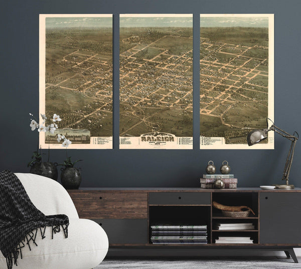 Bella Frye Home & Garden > Decor > Artwork Raleigh North Carolina Vintage Map Wall Art - Bird's Eye View City Canvas Art