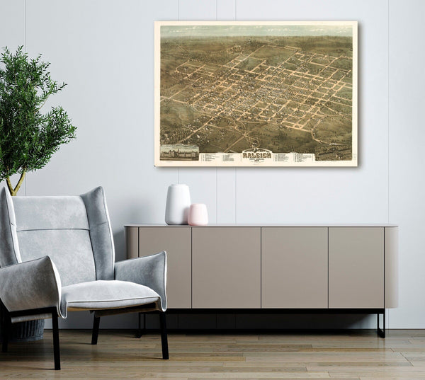 Bella Frye Home & Garden > Decor > Artwork Raleigh North Carolina Vintage Map Wall Art - Bird's Eye View City Canvas Art