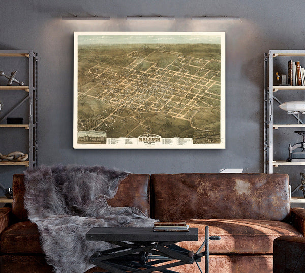 Bella Frye Home & Garden > Decor > Artwork Raleigh North Carolina Vintage Map Wall Art - Bird's Eye View City Canvas Art
