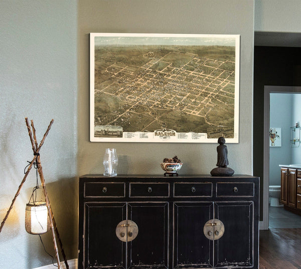 Bella Frye Home & Garden > Decor > Artwork Raleigh North Carolina Vintage Map Wall Art - Bird's Eye View City Canvas Art
