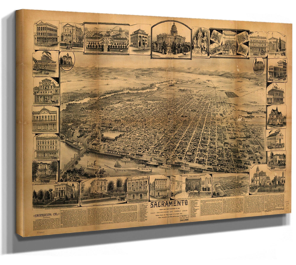 Bella Frye Home & Garden > Decor > Artwork Sacramento California Vintage Map Wall Art - Bird's Eye View City Canvas Art
