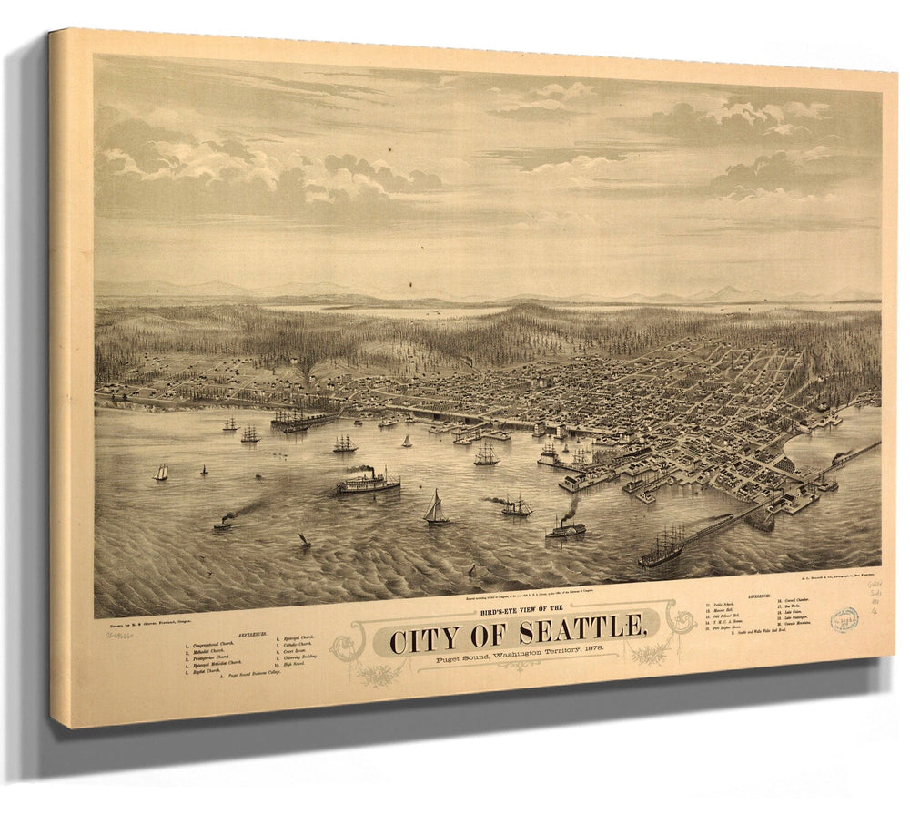 Bella Frye Home & Garden > Decor > Artwork Seattle Washington Vintage Map Wall Art - Bird's Eye View City Canvas Art
