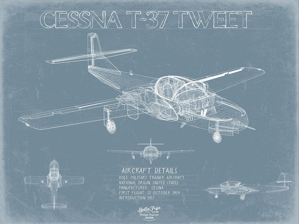 Bella Frye Cessna T-37 Tweet Aircraft Blueprint Wall Art - Original Airplane Print