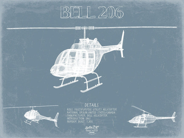 Bella Frye Bell 206 Helicopter Blueprint Wall Art - Original Aviation Print