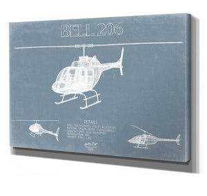 Bella Frye 14" x 11" / Stretched Canvas Wrap Bell 206 Helicopter Blueprint Wall Art - Original Aviation Print