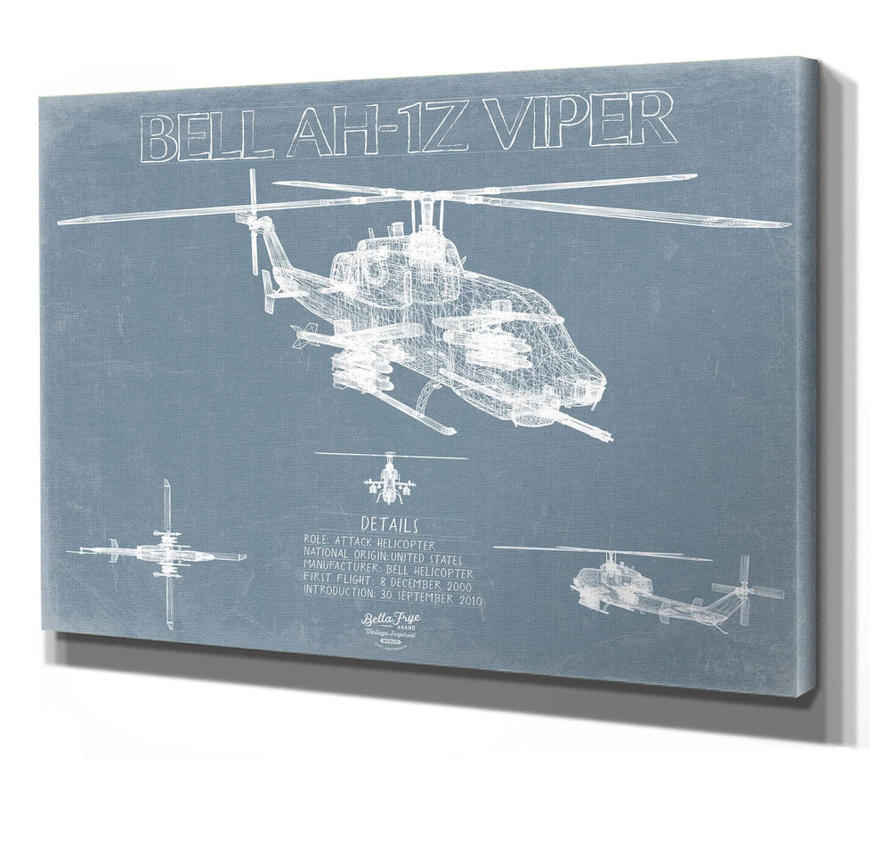 Bella Frye 14" x 11" / Stretched Canvas Wrap Bell AH-1 IZ Viper Helicopter Blueprint Wall Art - Original Aviation Print