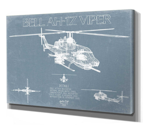 Bella Frye 14" x 11" / Stretched Canvas Wrap Bell AH-1 IZ Viper Helicopter Blueprint Wall Art - Original Aviation Print