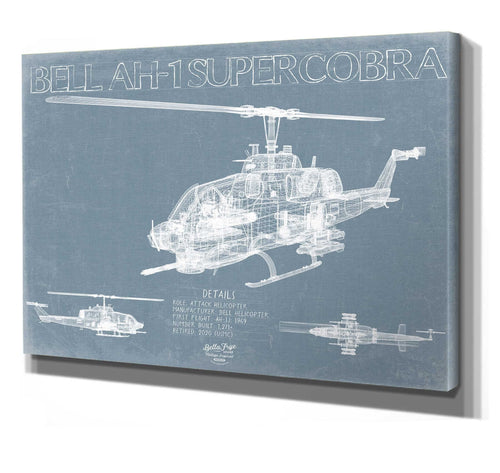 Bella Frye 14" x 11" / Stretched Canvas Wrap Bell AH-1 SuperCobra Helicopter Blueprint Wall Art - Original Aviation Print