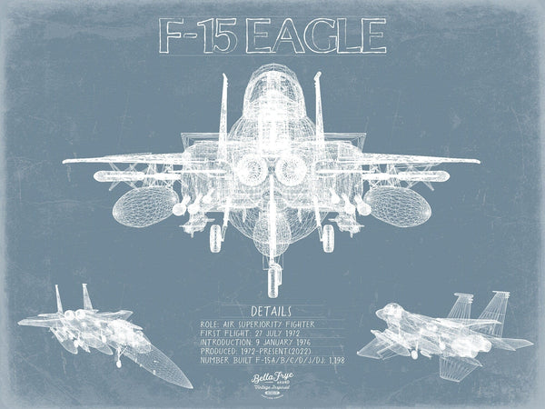 Bella Frye F-15 Eagle Aircraft Blueprint Wall Art - Original Fighter Plane Print