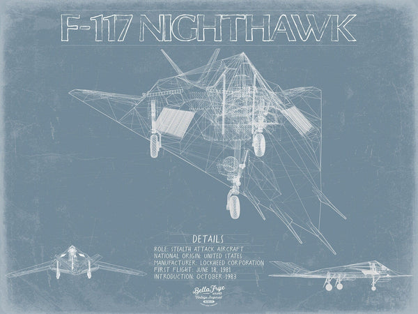 Bella Frye F-117 Nighthawk Aircraft Blueprint Wall Art - Original Fighter Plane Print