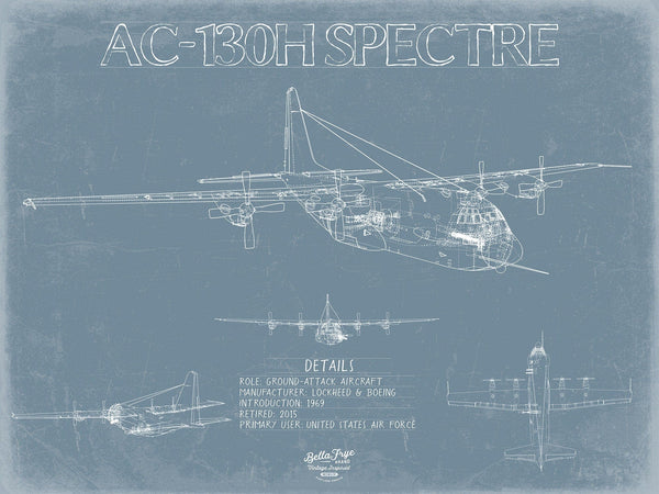 Bella Frye AC-130H Spectre Aircraft Blueprint Wall Art - Original Aviation Plane Print