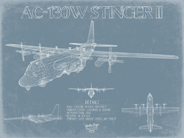 Bella Frye AC-130W Stinger II Aircraft Blueprint Wall Art - Original Aviation Plane Print