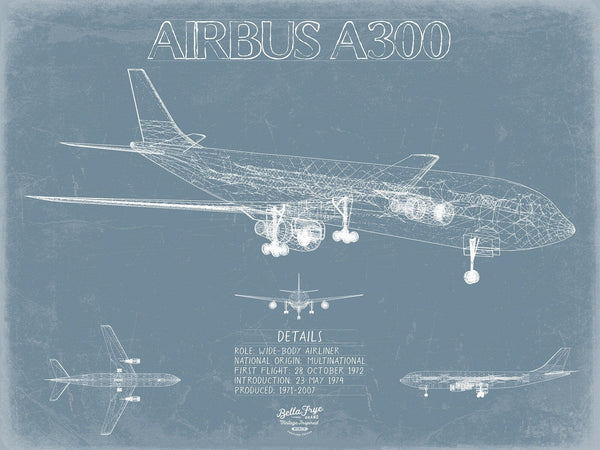 Bella Frye Airbus A300 Aircraft Blueprint Wall Art - Original Aviation Plane Print