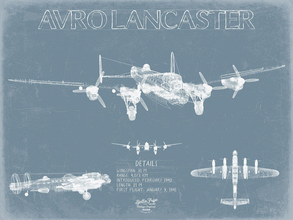 Bella Frye Avro Lancaster Aircraft Blueprint Wall Art - Original Aviation Plane Print