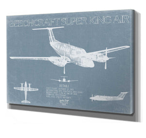 Bella Frye 14" x 11" / Stretched Canvas Wrap Beechcraft Super King Air 200 Aircraft Blueprint Wall Art - Original Aviation Plane Print