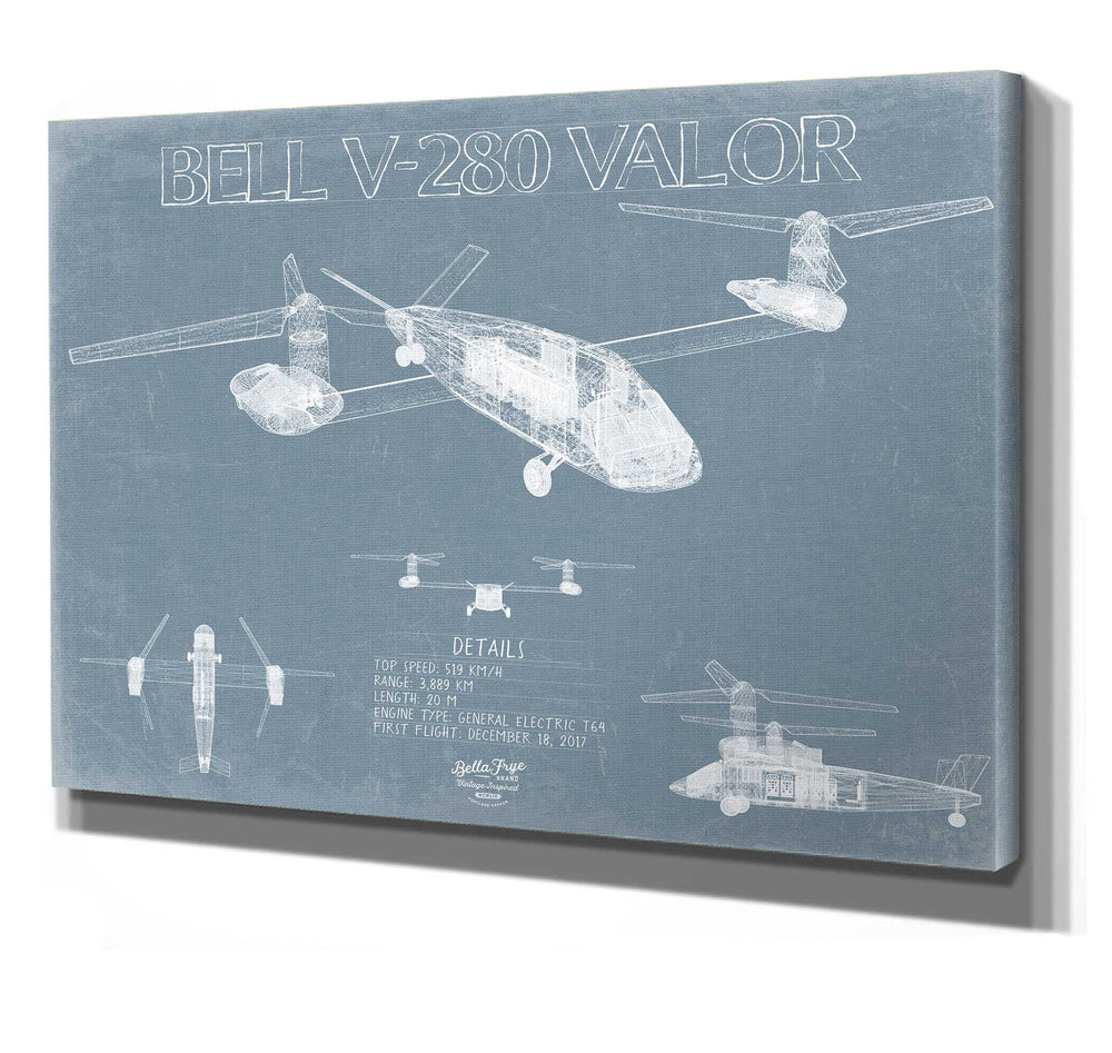 Bella Frye 14" x 11" / Stretched Canvas Wrap Bell V-280 Valor Aircraft Blueprint Wall Art - Original Aviation Plane Print