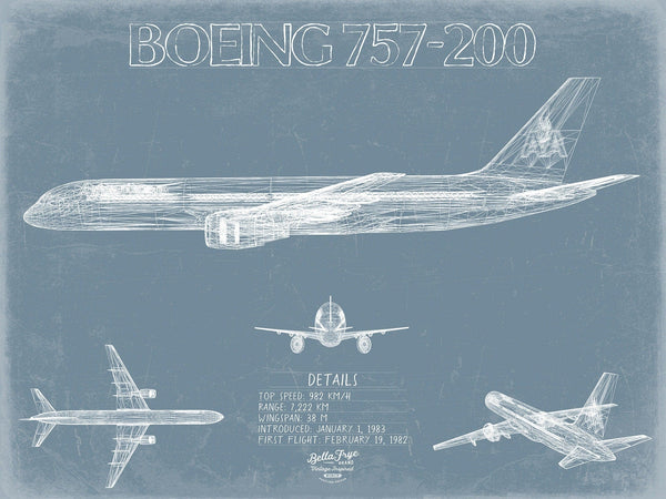 Bella Frye Boeing 757 200 Aircraft Blueprint Wall Art - Original Aviation Plane Print