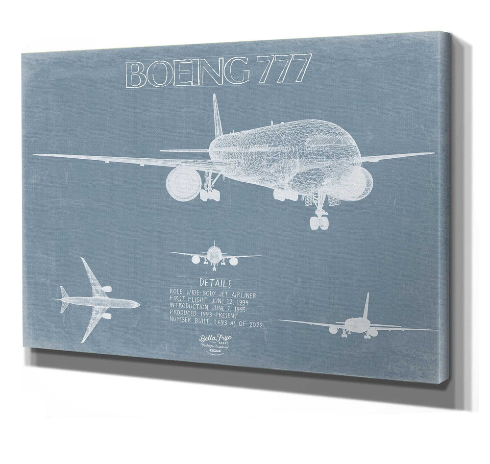 Bella Frye 14" x 11" / Stretched Canvas Wrap Boeing 777 Aircraft Blueprint Wall Art - Original Aviation Plane Print