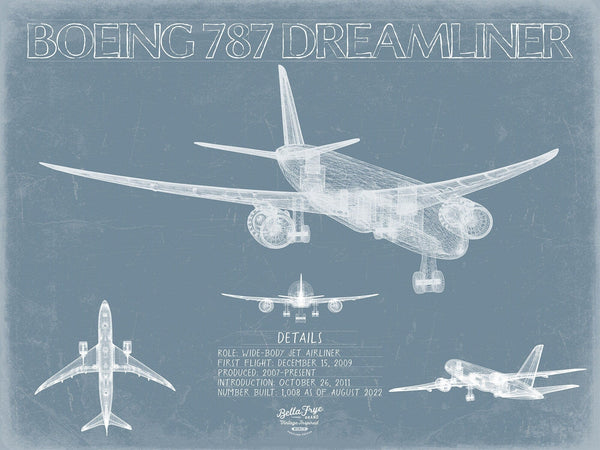 Bella Frye Boeing 787 Dreamliner Aircraft Blueprint Wall Art - Original Aviation Plane Print