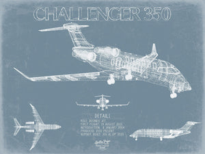 Bella Frye Bombardier Challenger 350 Aircraft Blueprint Wall Art - Original Aviation Plane Print