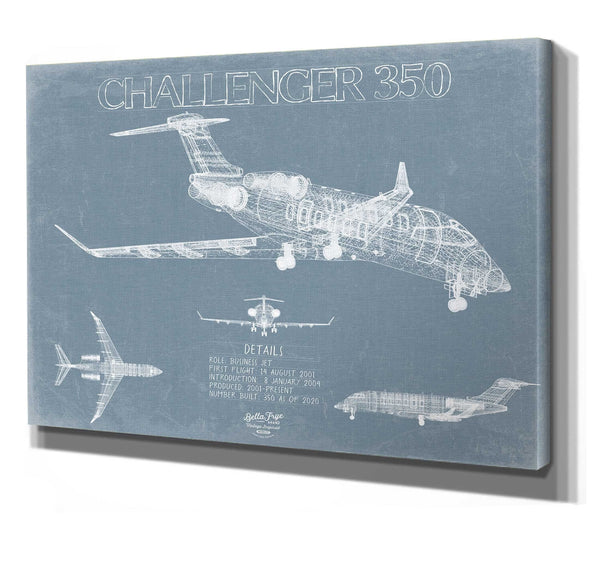 Bella Frye 14" x 11" / Stretched Canvas Wrap Bombardier Challenger 350 Aircraft Blueprint Wall Art - Original Aviation Plane Print