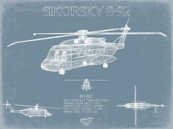 Bella Frye Sikorsky S-92 Helicopter Blueprint Wall Art - Original Aviation Print