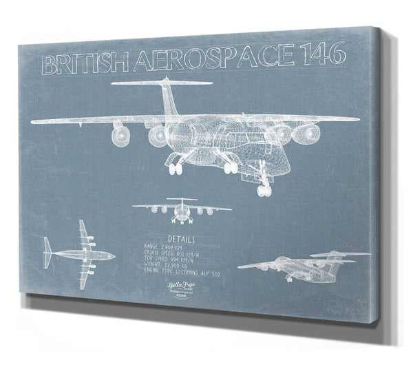 Bella Frye 14" x 11" / Stretched Canvas Wrap British Aerospace 146 (BAe-146) Aircraft Blueprint Wall Art - Original Aviation Plane Print