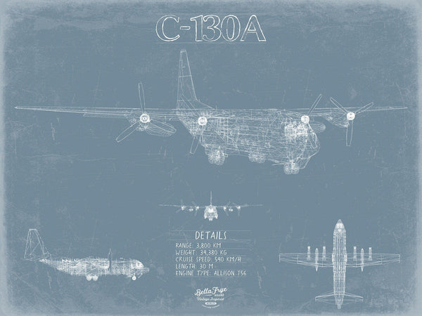 Bella Frye C 130A Aircraft Blueprint Wall Art - Original Aviation Plane Print