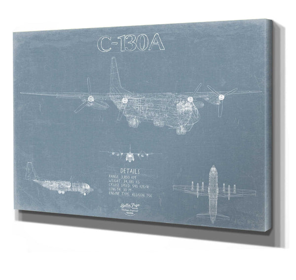 Bella Frye 14" x 11" / Stretched Canvas Wrap C 130A Aircraft Blueprint Wall Art - Original Aviation Plane Print