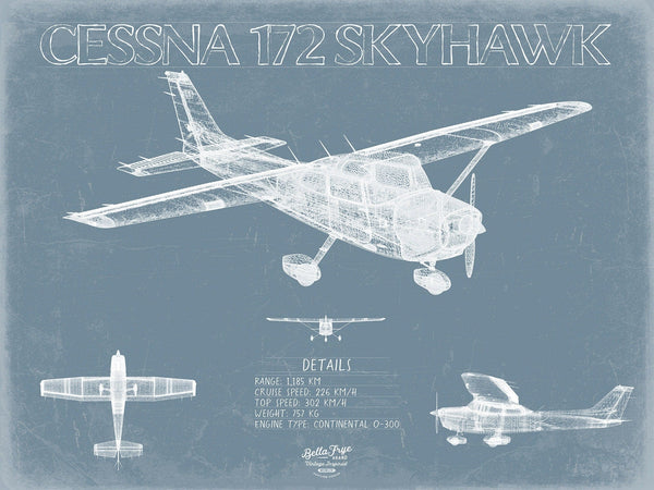 Bella Frye Cessna 172 Skyhawk Aircraft Blueprint Wall Art - Original Airplane Print